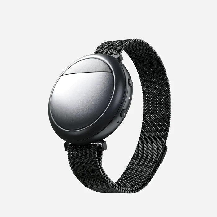 A black Embr Wave 2 device with matching wristband