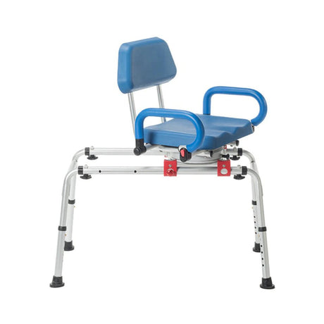 Front view of the Journey SoftSecure Rotating Transfer Tub Bench with the seat rotated at an angle