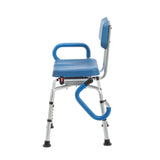 Side view of the Journey SoftSecure 360 Degree Rotating Shower Chair with the chair flip-back arms loosened for easy access to the seat