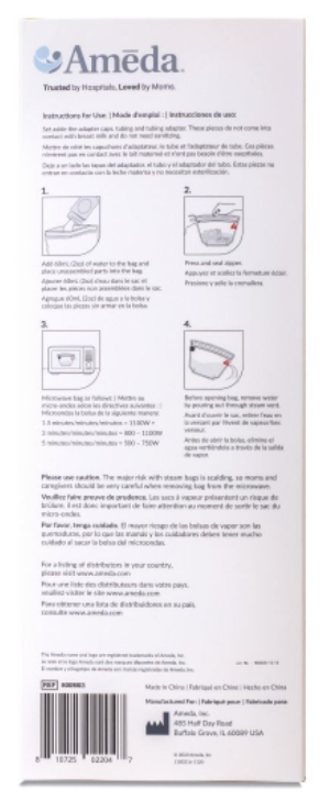 Operational instructions for the Ameda® CleanEase Microwaveable Steam Sanitization Bags