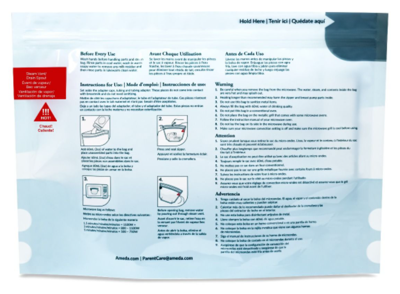 Rear view of the Ameda® CleanEase Microwaveable Steam Sanitization Bags