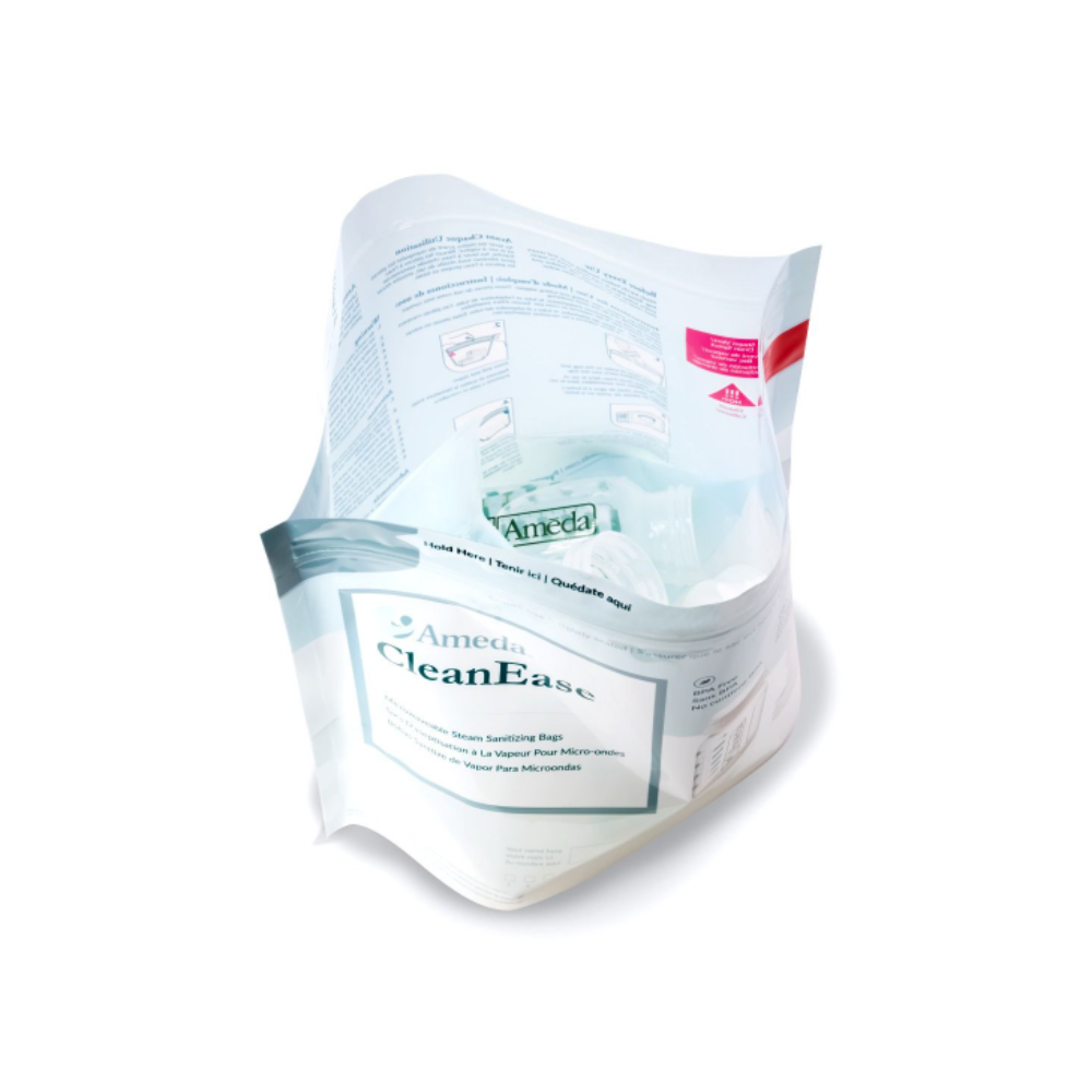 Ameda® CleanEase Microwaveable Steam Sanitization Bags containing breast bump parts