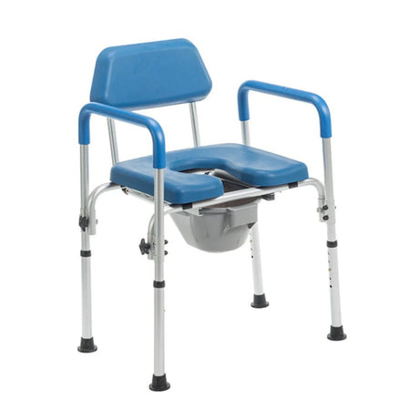 Angled front view of the Journey SoftSecure Commode Chair with back support and commode bucket