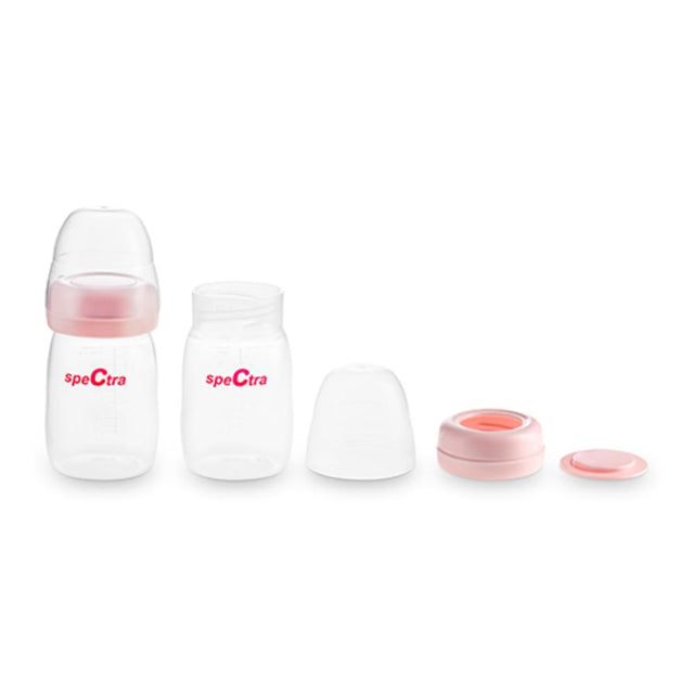 A disassembled view of the Spectra® 5 oz. Plastic Baby Bottles