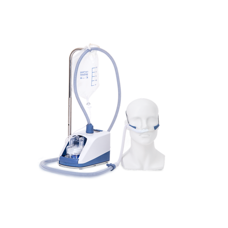 Fisher & Paykel myAIRVO™ 2 In-Home Humidified High Flow Therapy System On a Dummy With Nasal Cannula