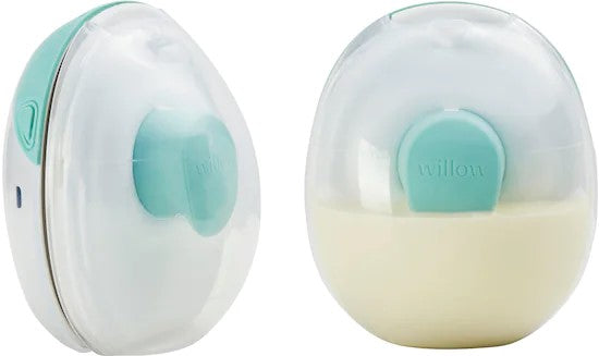 A pair of Willow Go™ breast pumps. One filled with breast milk.