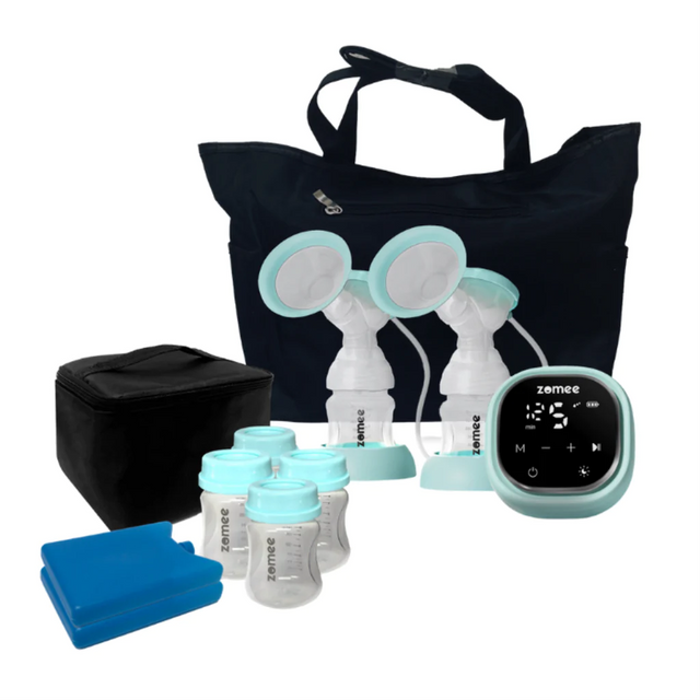 The Zomee Double Electric Breastpump Travel Kit offers moms convenience and comfort with a hands-free electric pump, storage bottles, and ice packs.