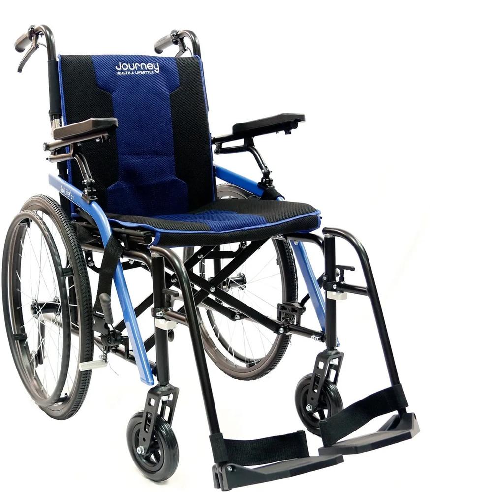 A blue Journey So Lite® Wheelchair from a front right angle.