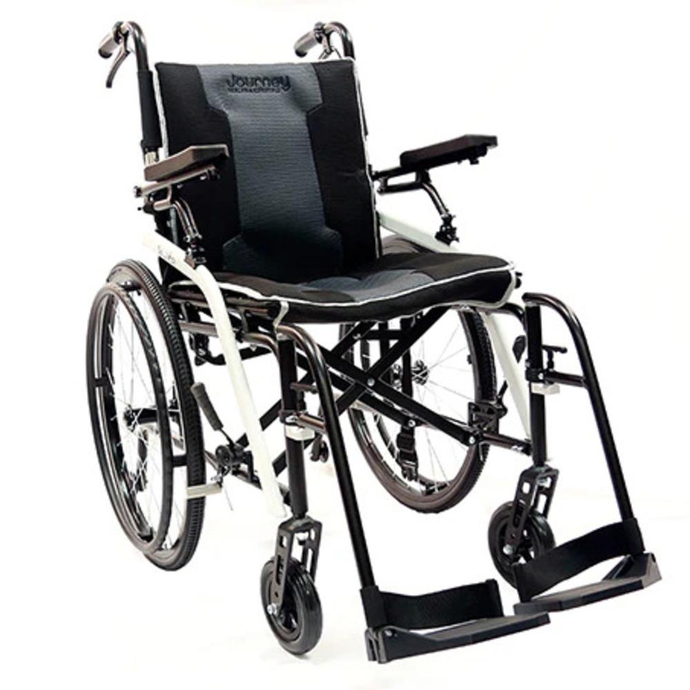 A black and white Journey So Lite® Wheelchair from a front right angle.