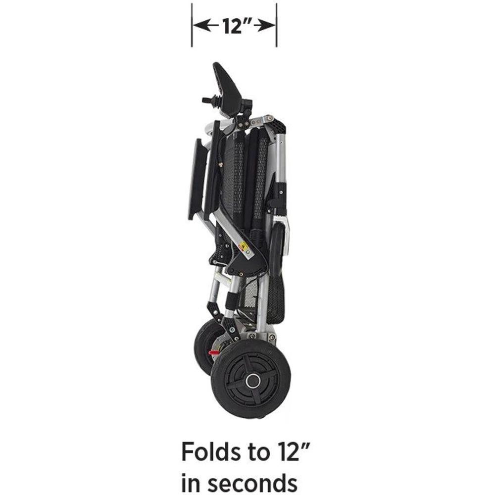 Illustration of a folded Journey Zoomer® Folding Power Chair with folded dimensions that folds to 12” in seconds