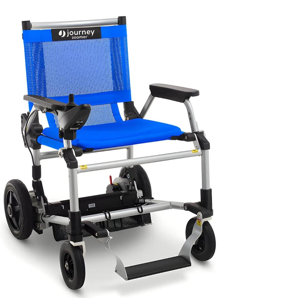 Blue Journey Zoomer® Folding Power Chair from the right front angle